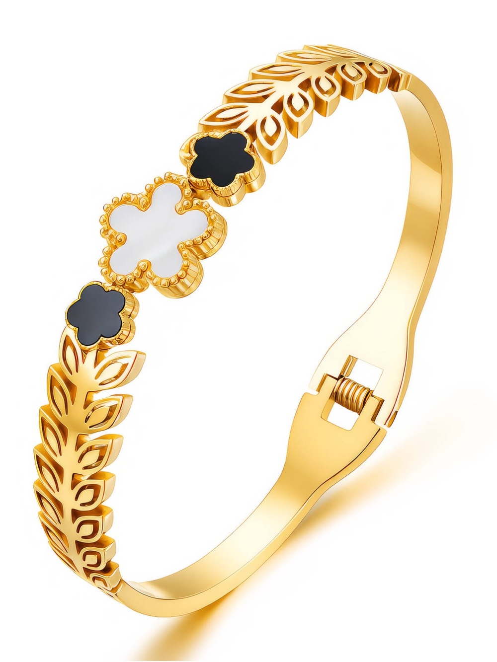 18K Gold Plated Stainless Steel Clover Floral Bangle Bracelet NWT
